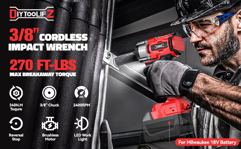 Cordless Impact Wrench Compatible with Milwaukee 18v Battery: 250Ft-lbs(340N.m) 3/8" Brushless Electric Impact Gun, 2400RPM High Torque Impact Driver, Power Impact Wrench, Bare Tool