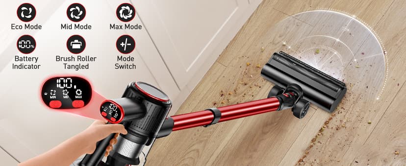 Cordless Vacuum Cleaner, 40Kpa 8-in-1 Vacuum Cleaners for Home, 45Mins Runtime Anti-Tangle Stick Vacuum with LED Display, 3 Modes Suction, Lightweight Vacuum for Hardwood Floor/Carpet/Pet Hair