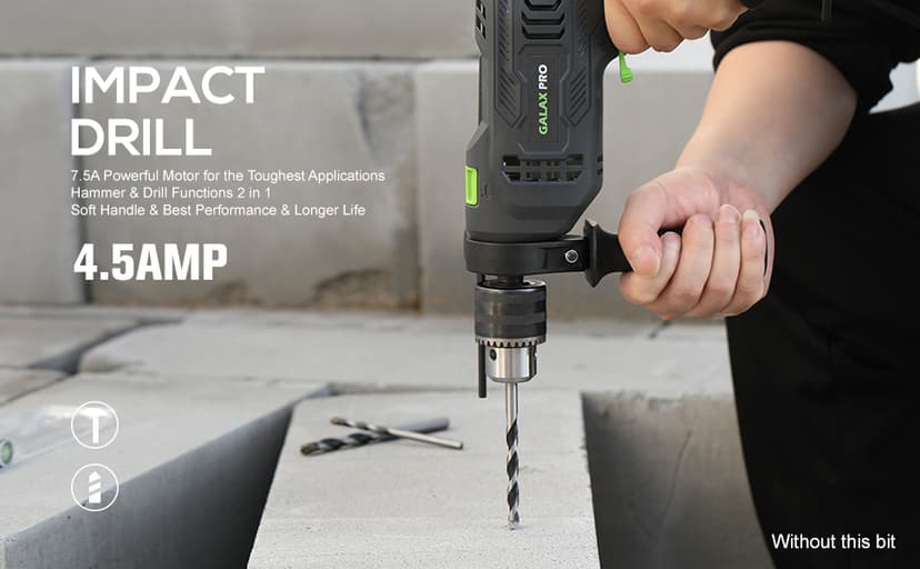 GALAX PRO 4.5Amp 0-3000RPM Corded Hammer Drill, 5pcs Bit, Hammer and Drill 2 Functions in 1 with 12 Variable Speed, 1/2 Inch Keyed Metal Chuck, 360°Rotating Handle