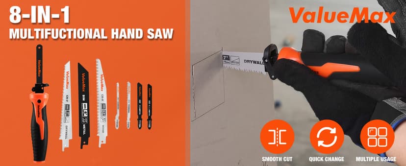 Valuemax 8-In-1 Multi-Blades Hand Saw, Quick-Change Mechanism Hacksaws with TPR Handle, CRV & Bimetal Blades, Drywall/Jab Saw, Handsaws for Wood, Metal, Plastic and Plywood
