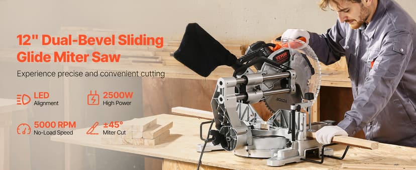 VEVOR Sliding Compound Miter Saw, 12-Inch Blade, 15 Amp Motor, 60-Tooth, Corded Double Bevel Sliding Miter Saw, LED Precision Alignment, Angle Adjustable, for Wood, Composite Decking, Laminates