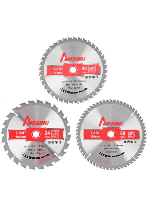 MAZING 3-Piece 7-1/4 Inch 24T&40T&60T Circular Saw Blades, 7.25 Inch TCT Compact Saws Blades with 5/8" Arbor, ATB Design for Precision Woodworking, Fit for Plywood, Soft & Hardwood, Wood with Nails