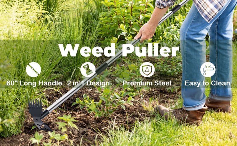 Weed Puller Tool with Long Handle - 60" Manual Weeder Remover Tool, 2 in 1 Hand Weed Rake and Garden Hoe for Gardening, Heavy Duty Uprooting Weeding Pull for Yard, Lawn, Patio and Garden