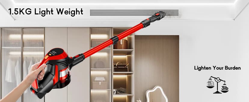 Cordless Vacuum Cleaner - Lightweight, 35Kpa Home Stick Vacuum, Smart Display & Removable Battery, Up to 45 Mins, 8 in 1 Portable Handhled Vacuum, Wall Mount Charging for Hardfloor, Carpet Red