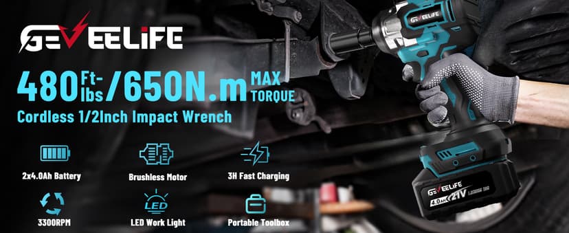 GEVEELIFE 650N.m/480Ft-lbs Brushless Impact Wrench,1/2" Cordless Impact Gun w/ 2x4.0Ah Battery & 6 Sockets, 3300RPM Power Electric Impact Driver for Car/DIY Furniture/Lawn Mower, Blue Toolbox