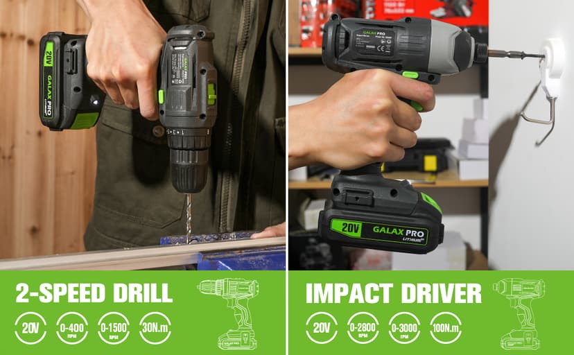 GALAX PRO Cordless Drill Driver/Impact Driver with 1pcs 1.3Ah Lithium-Ion Batteries, Charger Kit, 11pcs Accessories and Tool Bag
