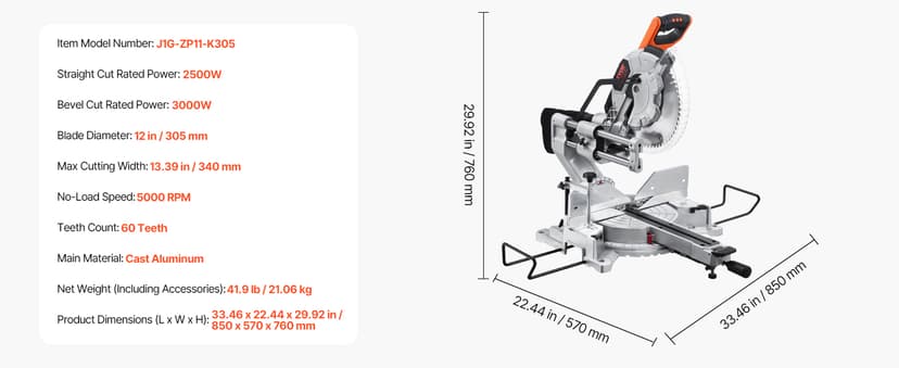 VEVOR Sliding Compound Miter Saw, 12-Inch Blade, 15 Amp Motor, 60-Tooth, Corded Double Bevel Sliding Miter Saw, LED Precision Alignment, Angle Adjustable, for Wood, Composite Decking, Laminates