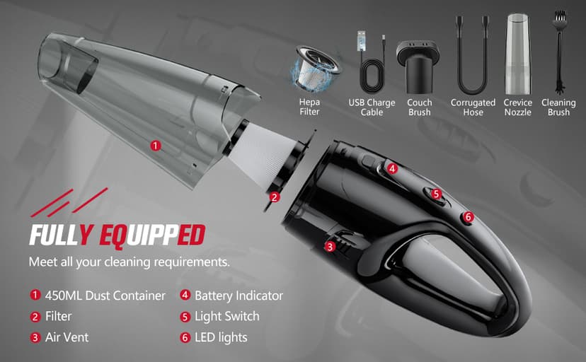 Handheld Vacuum Cordless Rechargeable, Car Vacuum Portable, Mini Vac for Pet Hair, Hand Vacuum Cleaner Car Seats, Home, Quick Cleanup, Strong Suction, Lightweight