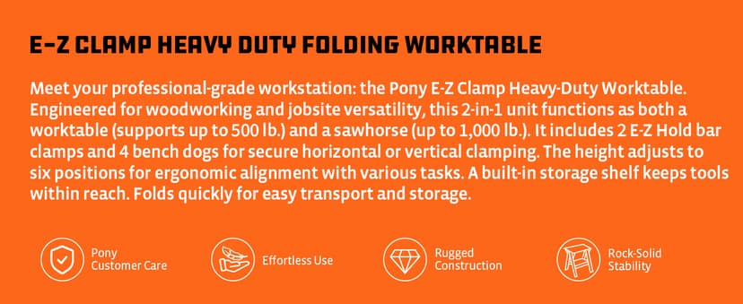Pony Portable Folding Work Table, 2-in-1 as Sawhorse & Workbench, 31” W×25” D×25”-35”H, Large Load Capacity with 4pcs Clamps, 4pcs Bench Dogs