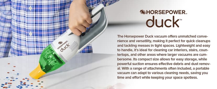 Duck Compact Cordless Vacuum by Horsepower, Ultra-Powerful, Strong Suction, AS-SEEN-ON-TV, Easy To Store, Rechargeable. Home, Auto, Pet Hair, Fits In Tiny Crevices, Includes Hose, Crevice Tool & Brush