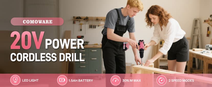 COMOWARE Cordless Drill Set, 20V Pink Power Drill Set for Women, 1 Battery & Charger, 3/8" Keyless Chuck, 2 Variable Speed, 266 In-lb Torque, 25+1 Position, with Pink Storage Bag