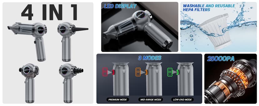 Handheld Car Vacuum Portable Cordless 25000Pa High Power Small Mini Hand Vacuum Cleaner Rechargeable 4-in-1 Compressed Air Duster Blower Pump Wireless Handheld Vac for Car Office Desktop Home Cleaning