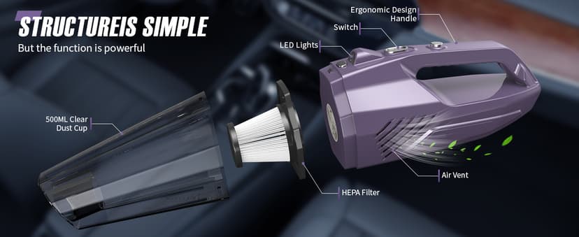 Handheld Vacuum Cordless - Car Vacuum Portable & Small Vacuum Cleaner with 6KPa Suction, USB Vacuum Cordless Rechargeable, HEPA Filter, LED Light for Pet Hair, Home, Car, Office - Includes Accessories