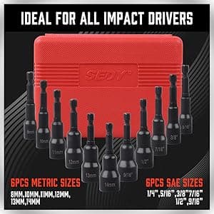 12-Piece Magnetic Nut Driver Set - Premium Impact Power Hex Nut Driver Drill Bit Master Kit, SAE & Metric, 1/4-Inch Quick-Change