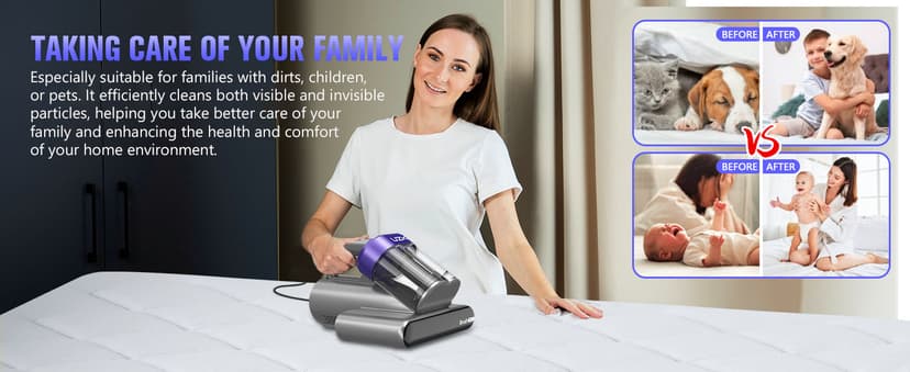 Mattress Vacuum Cleaner,Bed Vacuum Cleaner with UV-C Light,16Kpa,140°F Heat,Ultrasonic,Anion,Handheld Vacuums for Bed,Sofa,Couch,Crib(Corded, Purple)