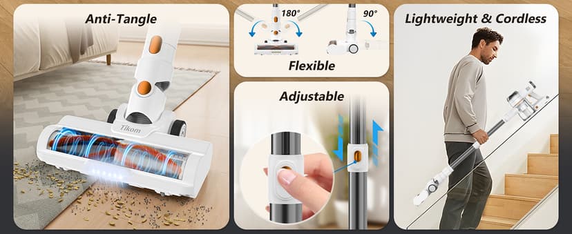 Tikom V500 Cordless Vacuum Cleaner for Home, 40000Pa/450W Stick Vacuum with LED Touch Screen, Charging Wall Dock, Anti-Tangle, Lightweight Handheld Vacuum for Pet Hair, Hard Floor, Carpet