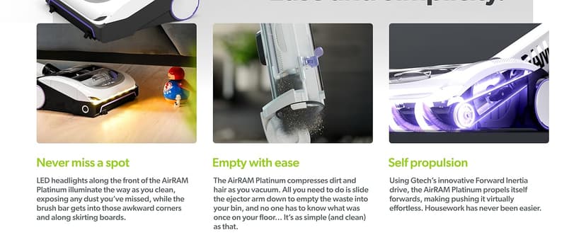 Gtech AirRAM Platinum Cordless Vacuum Cleaner - Includes Anti-Hair Wrap Brush Bar - Perfect for Carpet and Hardwood Floors - Rechargeable 22v Li-ion Battery - Lightweight (7 lbs.)