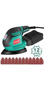 HYCHIKA Detail Sander, 14,000 OPM Compact Electric Sander Tool with 12 Pcs Sandpapers,Efficiency Dust Collection System,Suitable for Tight Spaces Sanding,Polishing,Removing Paint in Home Decoration