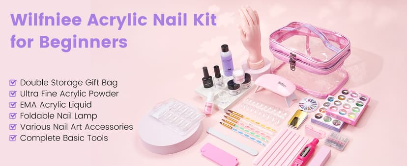 Acrylic Nail Kit with Everything: Beginners Practice Hand Acrylic Nail Powder Liquid Set with U V Lamp Drill in Gift Bag for Home Salon(Pink Bag)