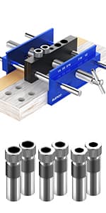 Self Centering Doweling Jig Kit, Drill Jig For Straight Holes Biscuit Joiner Set With 6 Drill Guide Bushings, Adjustable Width Drilling Guide Power Tool Accessory Jigs (Blue)