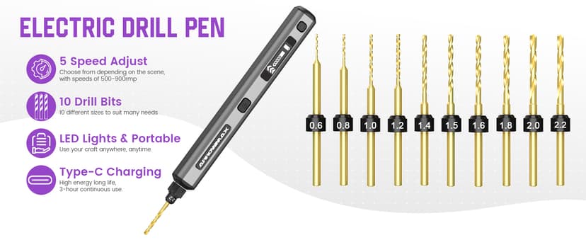 AM ARROWMAX Mini Drill Pen, 5-Speed, LED Lights, OLED Display, Aluminium Box, Resin Drill Set With 10 Small Bits, 3/32-Inch Shank, For Jewelry Making, Wood, Plastic