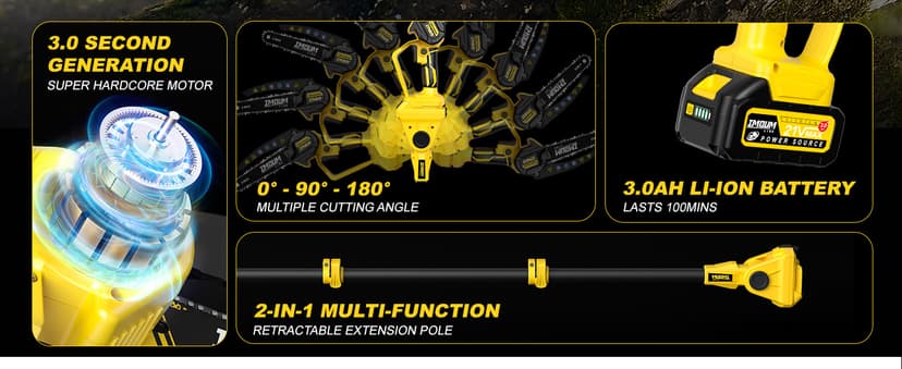 IMOUMLIVE 2-IN-1 Cordless Pole Saw & Mini Chainsaw, 21V 3.0Ah Battery Powered 6 Inch Electric Pole Chainsaw, 6.6 LB Lightweight, 14.8-Foot MAX Reach Pole Saw for Tree Trimming