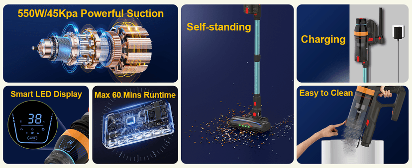 Cordless Vacuum Cleaner,550W/45KP/60Mins Stick Vacuum Cordless Rechargeable for Home/CarPet/Pet Hair/Floor-3 Suction Modes,Smart Screen&Headlight,Self-Standing,Removable Battery,Lighweight,Anti-Tangle