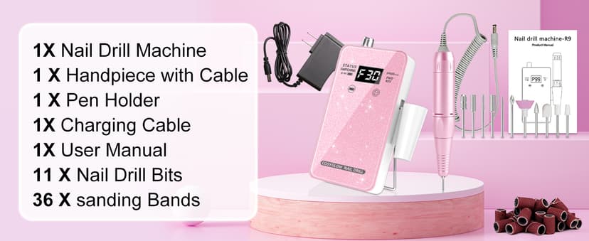 Professional Electric Nail Drill File:COSYGLOW Glitter Portable Cordless E-File Nail Drill Kit with 11 Drill Bits,30000 RPM Rechargeable Nail Drills Machine for Acrylic Nails Gel Polishing (Pink)