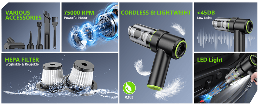CODN Handheld Car Vacuum Portable Cordless 12000PA, 2 in 1 Handheld Vacuum Cleaner and Air Duster with Multi-Nozzles and LED Light, Mini Hand Held Vacuum Rechargeable for Home, Car, Office, Pet Hair