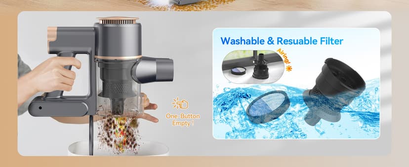 N8 Cordless Vacuum Cleaner, Lightweight Stick Vacuum with Powerful Suction, 2200mAh Battery, 40 Mins Runtime, Self-Standing, Rechargeable Vacuum Cleaners for Home Hardwood Floor Carpet Pet Hair (Gold)