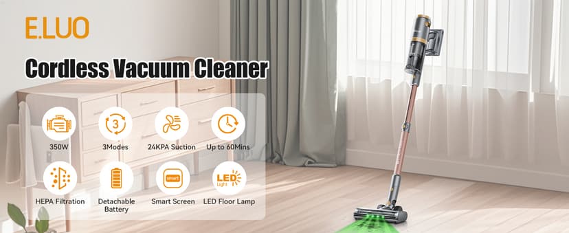 E.LUO Cordless Vacuum Cleaner 350W/≥24KPA Powerful Stick Vacuum with Led Screen Max 60 Mins Runtime Vacuum Cleaner with Rechargeable 2500 mAh Battery for Home Hard Floor Carpet Car Pet