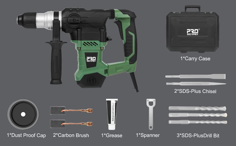 Prostormer 1-1/4" SDS-Plus Rotary Hammer, 13 Amp Powerful Motor, 4 Functions Rotary Hammer Drill with Case, Including Grease, Chisels, Drill Bits, for Concrete, Steel, Wood