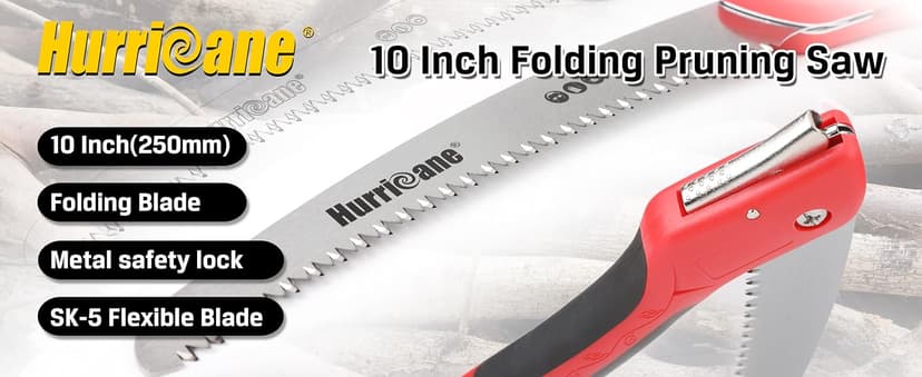 HURRICANE Folding Hand Saw, 10 Inch Pruning Saw, Hand Saw for Wood Cutting, Camping Tree Saw with SK5 Curved Blade, Triple-cut Razor Teeth, Outdoor Portable Saw for Tree Trimming, Gardening, Hiking