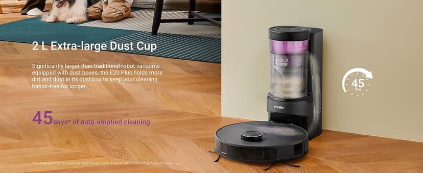 Eureka E20 Plus Robot Vacuum with Bagless Self Emptying Station, Robotic Vacuum and Mop Combo, 45-Day Capacity, Upgraded 8000Pa Suction and Anti Hair-Tangling Brush, LiDAR Navigation, App Control