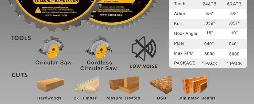 FOXBC 7-1/4 inch Circular Saw Blade 24T 60 Tooth ATB Wood Cutting with 5/8" Arbor, Diamond Knockout