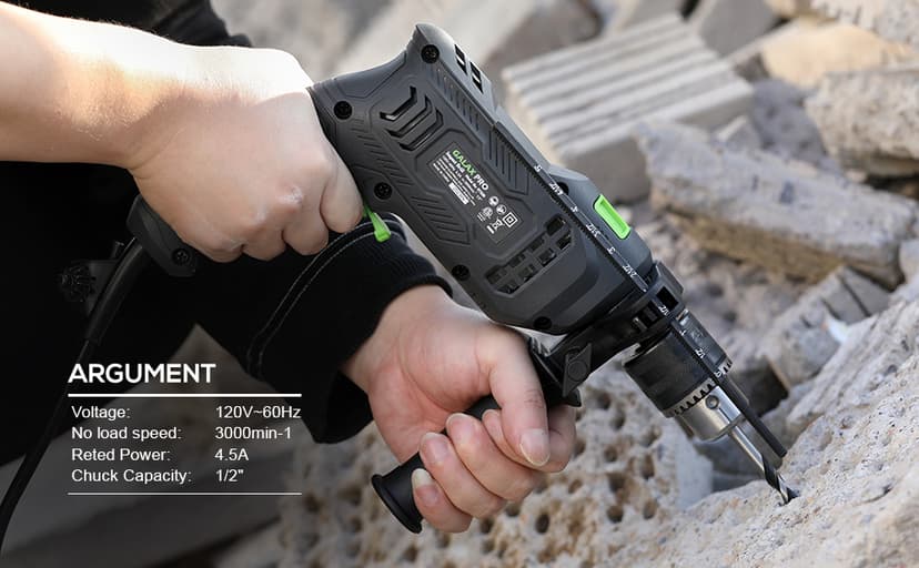 GALAX PRO 4.5Amp 0-3000RPM Corded Hammer Drill, 5pcs Bit, Hammer and Drill 2 Functions in 1 with 12 Variable Speed, 1/2 Inch Keyed Metal Chuck, 360°Rotating Handle