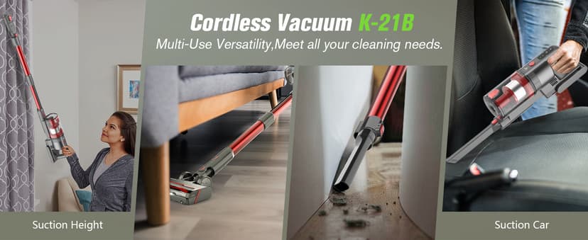 Cordless Vacuum Cleaner, 85,000PRM Upgraded Dual Suction Cordless Stick Vacuum up to 35mins Runtime, Lightweight Rechargeable Vacuum for Home (Grey Red)