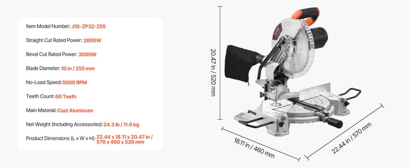 VEVOR Compound Miter Saw, 10-Inch Blade, 15 Amp Motor, 60-Tooth, Corded Single Bevel 0-45°, LED Precision Alignment, Angle Adjustable, Lightweight Cast Aluminum Base, for Wood, Composite Decking