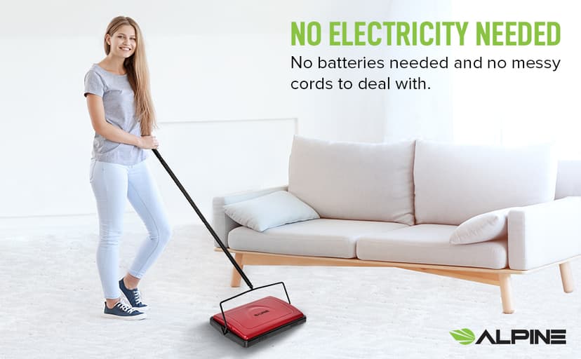 Alpine Manual Carpet Sweeper Triple Brush – Non Electric Multi-Surface Floor Cleaner Easy Sweeping for Carpeted Floors (Red -Updated)
