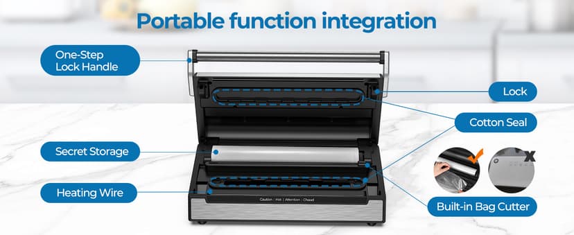 90Kpa Food Vacuum Sealer, Stainless Steel Vacuum Sealer Machine for Food with Double Heat Seal & Double Pump, Food Sealer Dry/Moist/Liquid Modes, Roll Storage and Cutter, Easy-Lock Handle and Clean
