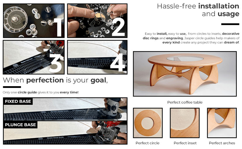 Jasper 390 PRO Router Circle Cutter Jig – Cut 184 Perfect Circles from 7" to 52¾" – Built for Compact, Trim & Cordless Routers – Empower Your Craft with Pro-Grade Polycarbonate Precision