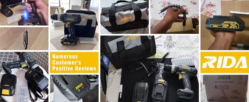 RIDA Cordless Drill Power Drill Cordless 20V 1/2'' Keyless Metal Chuck 355 In-lb(40N.m) Torque with 2.0AH Li-ion Battery & Fast Charger, Variable Speed, 25+1 Position and 22pcs Bits