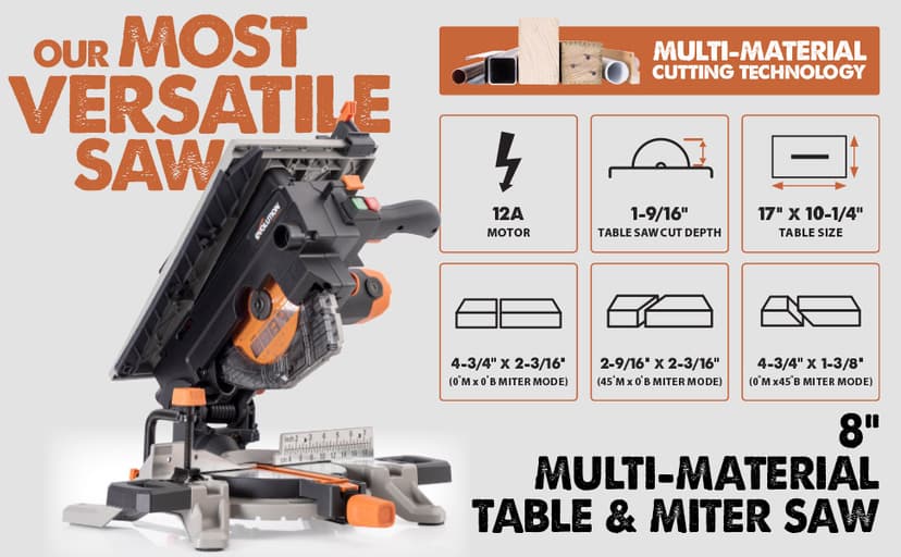 Evolution R8MTS | 8-1/4” Convertible Miter/Table Saw | Multi-Function Saw | 0-45° Bevel & +/- 45° Miter | Multi-Material Cutting: Wood, Plastic, Metal | Compact, Powerful 12A Motor | TCT Blade Incl