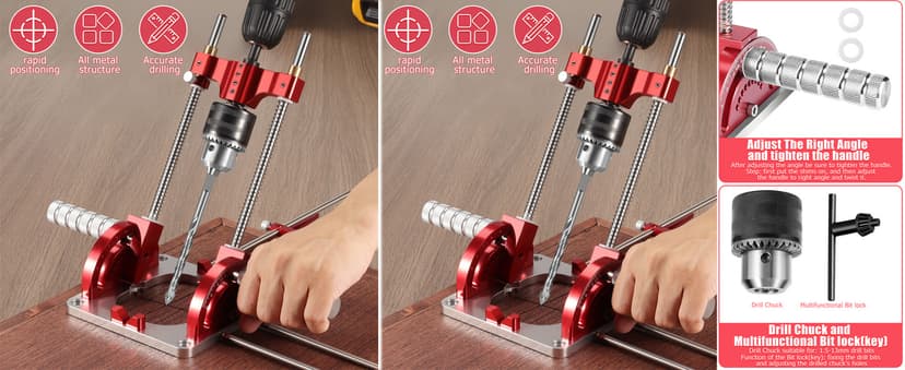 Portable Drill Guide, Multi Angle Drill Guide for Straight Holes,Adjustable Angle 0° to 60°, Heavy-Duty Self-Centering Base,Precision Drilling Jig with Chuck & Key,Chuck Clamping Range for 1/16-1/2"