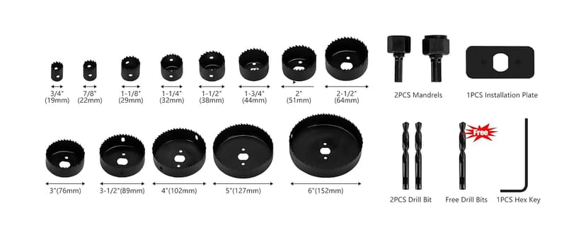 KATA Hole Saw Set 20PCS Hole Saw Kit with 3/4"-6"(19-152mm) 13PCS Saw Blades, 2 Mandrels, 3 Drill Bits, 1 Installation Plate, 1 Hex Key, Ideal for Soft Wood, Plywood, Drywall, PVC