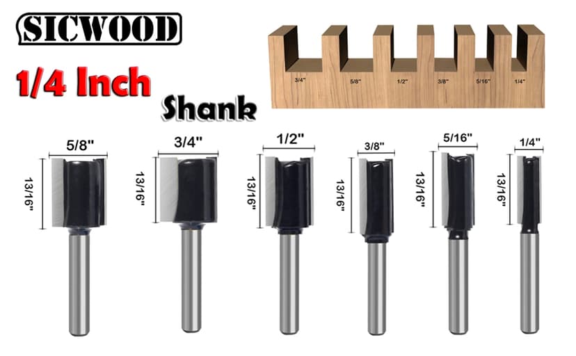 6Pcs Straight Router Bit Set 1/4 Shank, Double Flute Straight Bit Dado Straight Cut Router Bit, Cut Dia 3/4", 5/8", 1/2", 3/8", 5/16", 1/4", Straight Router Bit for Woodworking Groove by SICWOOD