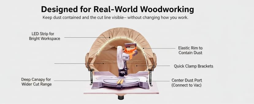 Miter Saw Dust Collection Hood with Light, Dust Solution for Miter Saws, Dust Collector, Accessory Holes, Universal Fit, Storage Bag - Khaki