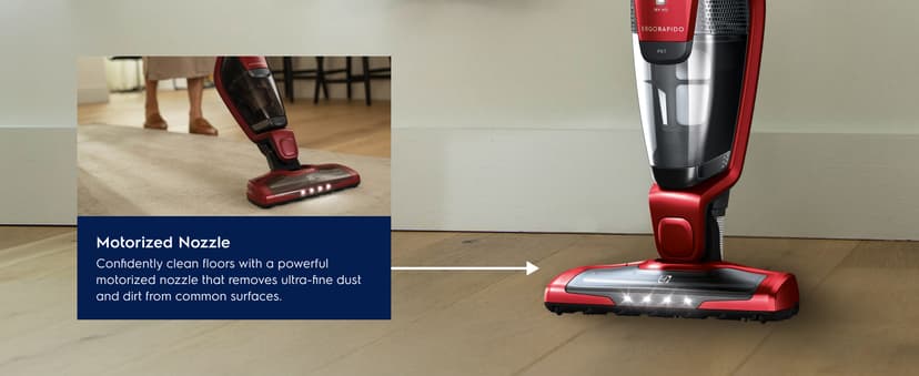 Electrolux Ergorapido Pet Cordless 2-in-1 Vacuum Cleaner with Motorized Pet Nozzle for Easy Pet Hair Removal, 48-Minute Run Time, 2 Power Modes, Chili Red