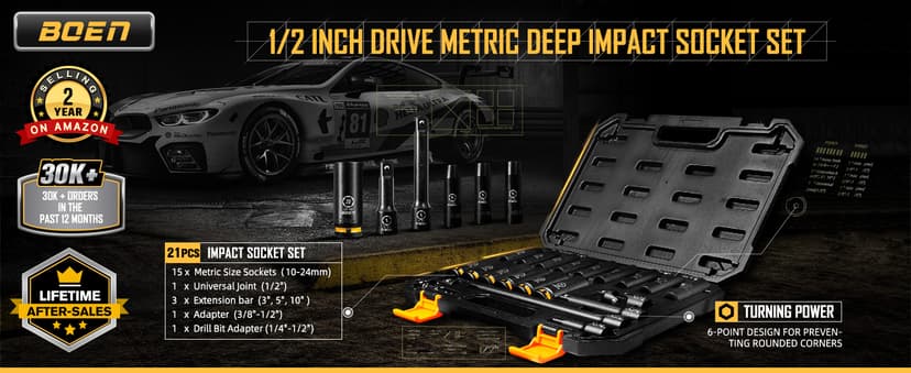 BOEN Pro 1/2" Drive Metric Deep Impact Socket Set, 21-Piece CR-MO &CR-V Steel, Upgraded Torque & Durability, 10mm-24mm, Includes Extension Bars, Universal Joint, Adapter – Meets ANSI