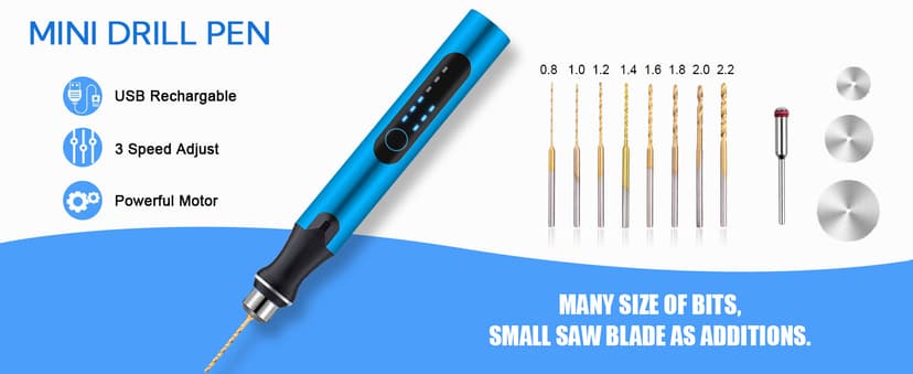 3-Speed Cordless Mini Drill Pen With 8 Small Drill Bits,Rechargeable Electric Hand Drill Pin Vise,Resin Drill Set For Jewelry Making,Resin,Plastic,Wood,Keychains DIY (BLUE)